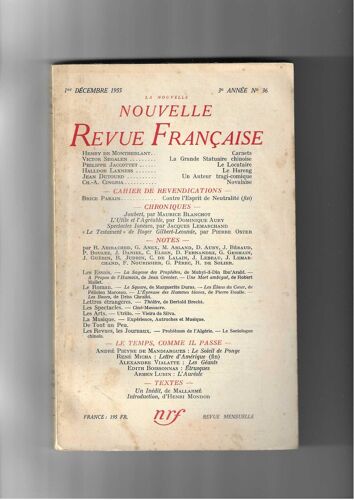Nouvelle Revue Française Déc. 1955 No 36. Montherlant, Segalen, Jean Dutourd ... Un Inédit De Mallarmé...