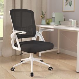Chaise Bureau Ergonomique Avec Accoudoirs Pliants, À Hauteur Réglable Chaise De Bureau, Ergonomique En Maille Respirante Avec Soutien Lombaire, Roulette Pivotant À 360°, Blanc