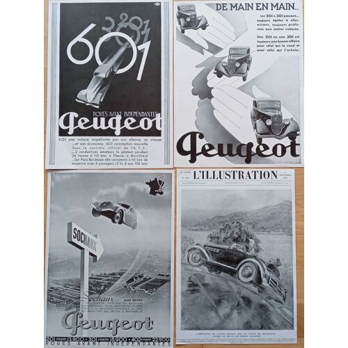 Lot 8 Affiches Publicités Anciennes Années 30 : Automobile, Voitures Peugeot (Vintage French Advertising)