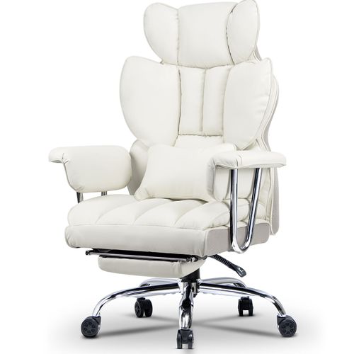 Chaise Bureau Avec Repose-Pieds, Fauteuil De Direction Large, Fauteuil De Bureau Avec Repose-Pieds Télescopique, Soutien Lombaire, Dossier Inclinable, Pu Cuir, Blanc