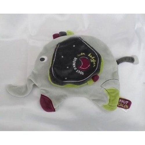 Doudou Peluche Plat Eléphant India Gris Et Vert Sauthon