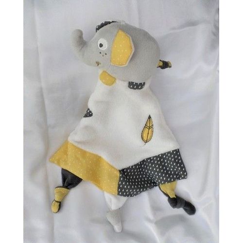 Doudou Peluche Plat Eléphant Babyfan Gris Blanc Jaune Sauthon