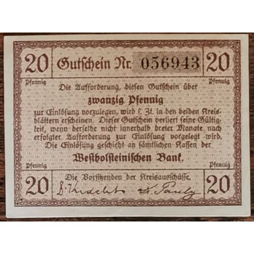 Billet Allemagne 20 Pfennig 1920 Norder- U. Süder-Dithmarschen Gra N54,4