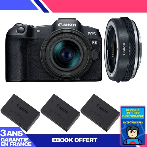 Boitier Canon EOS R8 + RF 24-50mm IS STM + EF-EOS R Premium + 3 Canon LP-E17 + Ebook 'Devenez Un Super Photographe'