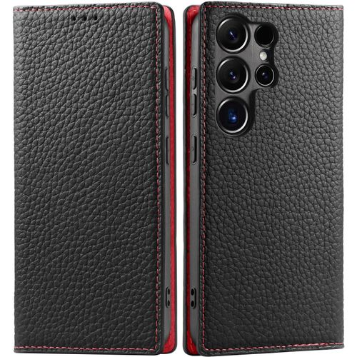 Lanhiem Coque Compatible Avec Samsung Galaxy S24 Ultra 5g Cuir Véritable Protection Etui Avec Béquille Et Porte-Cartes Fermeture Magnétique Premium Flip Case Multifonction Portefeuille Housse, Noir