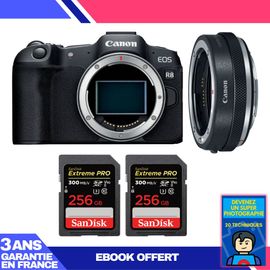 Boitier Canon EOS R8 + EF-EOS R Premium + 2 SanDisk 256GB Extreme PRO UHS-II SDXC 300 MB/s + Ebook 'Devenez Un Super Photographe'