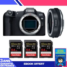 Boitier Canon EOS R8 + EF-EOS R Premium + 3 SanDisk 64GB Extreme PRO UHS-II SDXC 300 MB/s + Ebook 'Devenez Un Super Photographe'