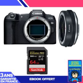 Boitier Canon EOS R8 + EF-EOS R Premium + 1 SanDisk 64GB Extreme PRO UHS-II SDXC 300 MB/s + Ebook 'Devenez Un Super Photographe'