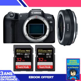 Boitier Canon EOS R8 + EF-EOS R Premium + 2 SanDisk 32GB Extreme PRO UHS-II SDXC 300 MB/s + Ebook 'Devenez Un Super Photographe'
