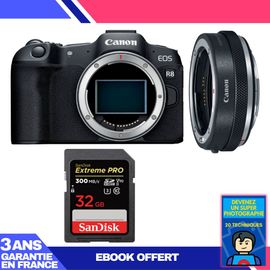 Boitier Canon EOS R8 + EF-EOS R Premium + 1 SanDisk 32GB Extreme PRO UHS-II SDXC 300 MB/s + Ebook 'Devenez Un Super Photographe'