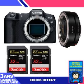 Boitier Canon EOS R8 + EF-EOS R + 2 SanDisk 32GB Extreme PRO UHS-II SDXC 300 MB/s + Ebook 'Devenez Un Super Photographe'