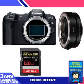 Boitier Canon EOS R8 + EF-EOS R + 1 SanDisk 128GB Extreme PRO UHS-II SDXC 300 MB/s + Ebook 'Devenez Un Super Photographe'