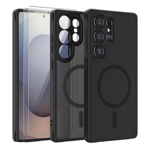 Coque Noir Magnétique Pour Samsung Galaxy S25 Ultra Et 2 Verre Trempé, Compatible Avec Magsafe, Protection Caméra , Antichoc - Hqselection®