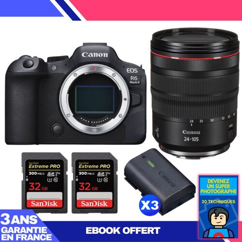 Boitier Canon EOS R6 Mark II + RF 24-105mm f/4 L IS USM + 2 SanDisk 32GB Extreme PRO UHS-II SDXC 300 MB/s + 3 Canon LP-E6NH + Ebook 'Devenez Un Super Photographe'