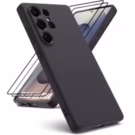 Coque + 2 Verres Trempés pour Samsung Galaxy S25 Ultra - Protection Silicone Liquide Antichoc - Noir - E.F.Connection