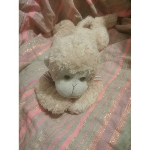 Doudou Peluche Singe Couché Beige Tee Shirt Rayé Rouge Bordeau Billes Loos
