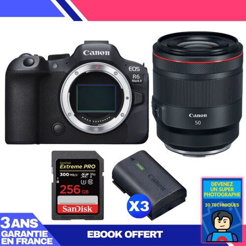 Boitier Canon EOS R6 Mark II + RF 50mm f/1.2 L USM + 1 SanDisk 256GB Extreme PRO UHS-II SDXC 300 MB/s + 3 Canon LP-E6NH + Ebook 'Devenez Un Super Photographe'