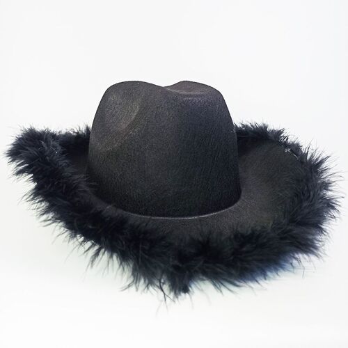 1 Chapeau De Cow-Girl Noir Avec Boa En Plumes Bord En Plumes Moelleux Chapeau De Cow-Boy Taille Adulte Pour Homme Et Femme