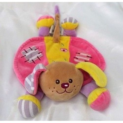 Doudou Peluche Plat Chien Rose Jaune Fleurs Ajena