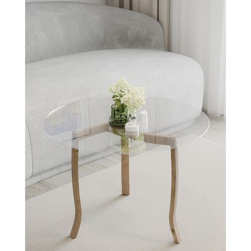 Table Basse Berlin - Plateau En Verre Transparent - Pieds En Bois Courbe - Design Moderne Et Leger