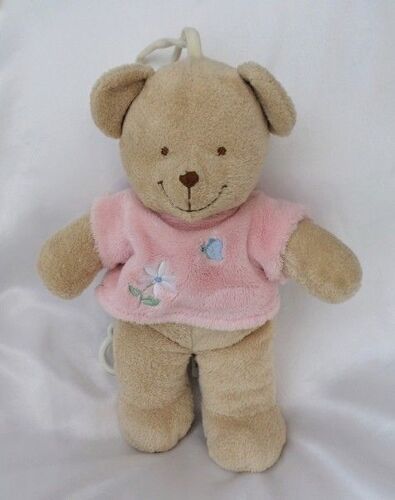 Doudou Peluche Ours Marron Musical T-Shirt Rose Broderie Fleur Papillon Tex