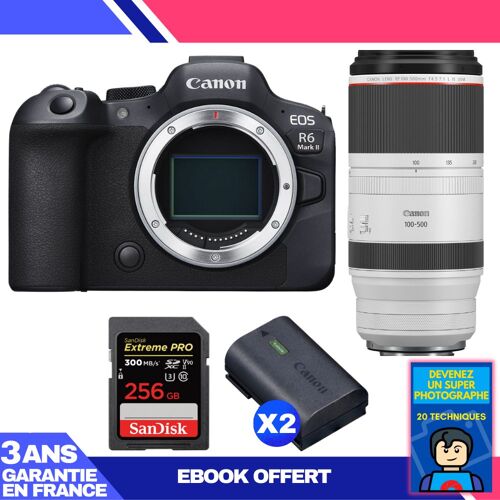 Boitier Canon EOS R6 Mark II + RF 100-500mm f/4.5-7.1 L IS USM + 1 SanDisk 256GB Extreme PRO UHS-II SDXC 300 MB/s + 2 Canon LP-E6NH + Ebook 'Devenez Un Super Photographe'