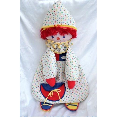 Peluche Doudou Range Pyjama Clown Lutin Rouge Bleu Etoiles Vintage Corolle