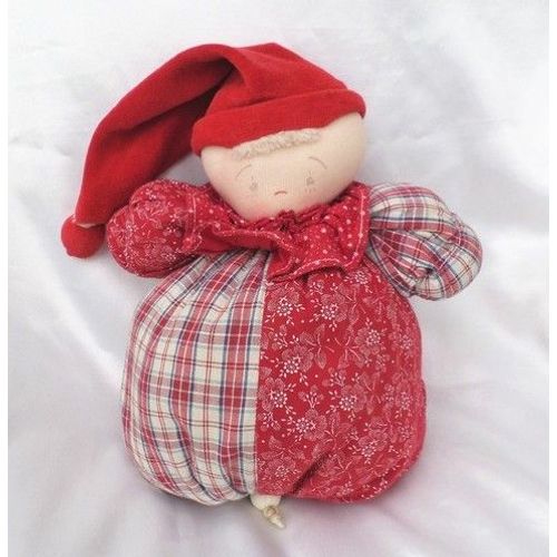 Doudou Peluche Poupée Lutin Boule Musical Rouge Carreaux Fleurs Vintage Moulin Roty