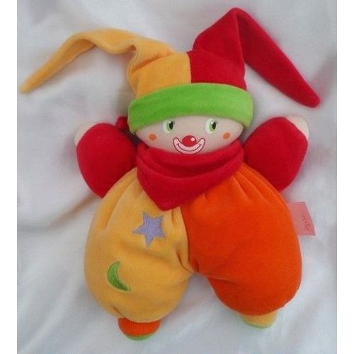 Doudou Peluche Clown Lutin Semi-Plat Jaune Orange Rouge Etoile Lune Corolle 2004