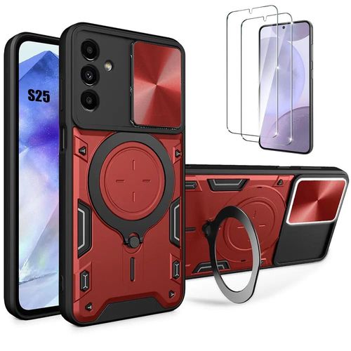 Coque pour Samsung Galaxy S25 avec 2 Verres Trempés, Coque avec Cache Caméra et Anneau Support Rouge - E.F.Connection