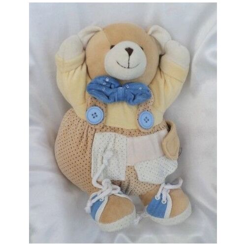 Doudou Peluche Ours Boule Activités Jaune Beige Blanc Noeud Bleu Grelot Mgm