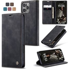 KAL-Coque Iphone 16 Pro Max Housse Antichoc En Cuir Pu Premium Fentes Cartes Etui Pochette De Portefeuille Avec Fonction Support Case À Rabat Pour Iphone 16 Pro Max - Noir