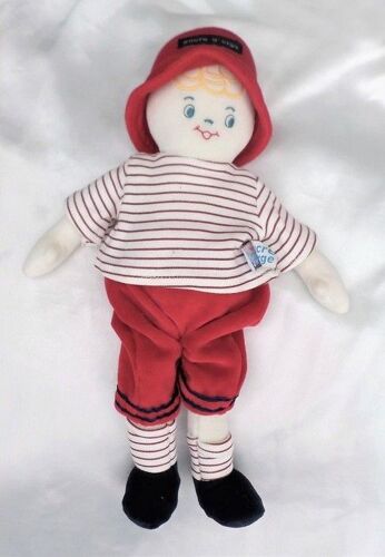 Doudou Peluche Poupée Garçon Pantalon Rouge Haut Rayures Blanc Rouge Bleu Sucre D'Orge