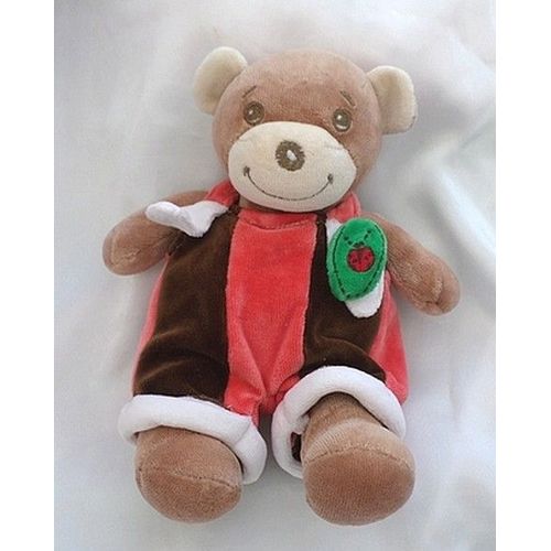 Doudou Peluche Ours Marron Blanc Salopette Rouge Marron Feuille Coccinelle Takinou