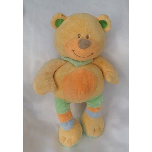 Doudou Peluche Ours Jaune Orange Foulard Vert Bengy
