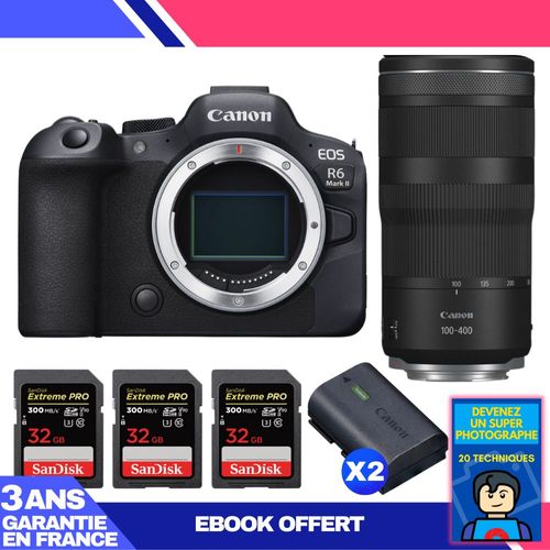 Boitier Canon EOS R6 Mark II + RF 100-400mm f/5.6-8 IS USM + 3 SanDisk 32GB Extreme PRO UHS-II SDXC 300 MB/s + 2 Canon LP-E6NH + Ebook 'Devenez Un Super Photographe'