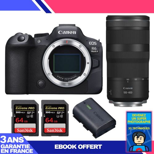 Boitier Canon EOS R6 Mark II + RF 100-400mm f/5.6-8 IS USM + 2 SanDisk 64GB Extreme PRO UHS-II SDXC 300 MB/s + 1 Canon LP-E6NH + Ebook 'Devenez Un Super Photographe'