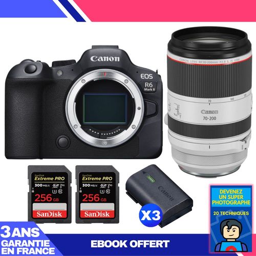 Boitier Canon EOS R6 Mark II + RF 70-200mm f/2.8 L IS USM + 2 SanDisk 256GB Extreme PRO UHS-II SDXC 300 MB/s + 3 Canon LP-E6NH + Ebook 'Devenez Un Super Photographe'
