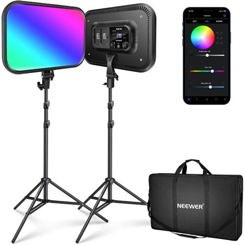 NEEWER 2 Packs de Panneau d'Eclairage Vidéo LED RVB de 18,3" avec Kit de Support de Contrôle d'App, 360° Pleine Couleur, 60W RGB168 Dimmable 2500K   8500K CRI 97+ pour Jeu/Youtube/Zoom/Photographie