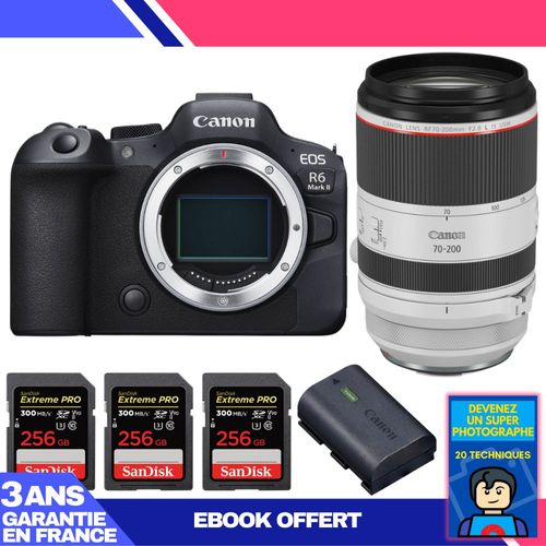 Boitier Canon EOS R6 Mark II + RF 70-200mm f/2.8 L IS USM + 3 SanDisk 256GB Extreme PRO UHS-II SDXC 300 MB/s + 1 Canon LP-E6NH + Ebook 'Devenez Un Super Photographe'
