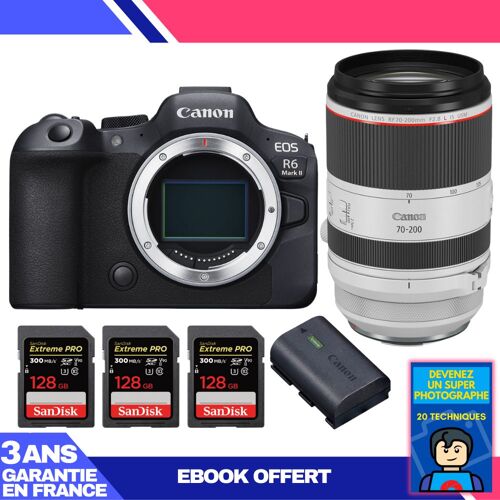 Boitier Canon EOS R6 Mark II + RF 70-200mm f/2.8 L IS USM + 3 SanDisk 128GB Extreme PRO UHS-II SDXC 300 MB/s + 1 Canon LP-E6NH + Ebook 'Devenez Un Super Photographe'