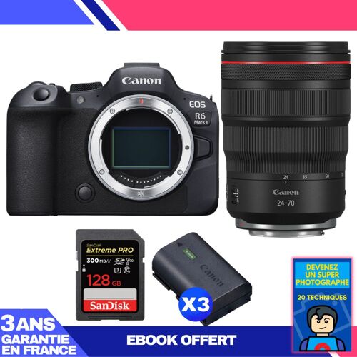 Boitier Canon EOS R6 Mark II + RF 24-70mm f/2.8 L IS USM + 1 SanDisk 128GB Extreme PRO UHS-II SDXC 300 MB/s + 3 Canon LP-E6NH + Ebook 'Devenez Un Super Photographe'