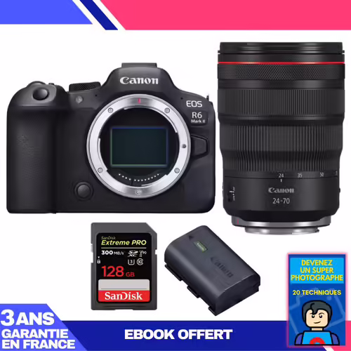Boitier Canon EOS R6 Mark II + RF 24-70mm f/2.8 L IS USM + 1 SanDisk 128GB Extreme PRO UHS-II SDXC 300 MB/s + 1 Canon LP-E6NH + Ebook 'Devenez Un Super Photographe'