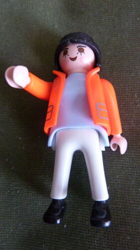 Playmobil Rescue = Un Personnage ( Femme) , Cheveux Noirs, Pull Bleu Ciel, Gilet Orange Fluo, Pantalon Blanc, Chaussures Noires, ( Geobra 1990 )