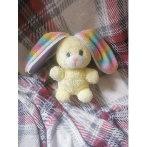 Doudou Peluche Lapin Jaune Transformable Fermeture Oeuf Violet Oreilles Multicolores Cp Vintage 80'