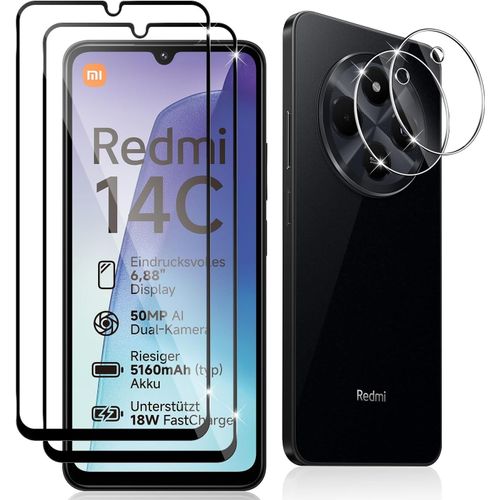2 Pièces Verre Trempé Pour Xiaomi Redmi 14c/ Poco C75/Redmi A4, 2 Pièces Caméra Arrière Protecteur, Dureté 9h Sans Bulles Hd Anti-Rayure Protection D'écran Pour Redmi 14 C