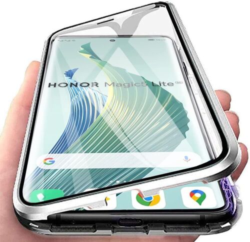 KAL-Coque Pour Honor Magic 5 Lite / X9A, Coque D'Adsorption Magnétique Ultra Mince À 360° Housse De Protection En Avant Et Arrière Verre Trempé Etui Transparent Métallique Antichoc, Argent