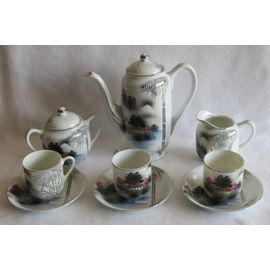 Ancien Service À Café Japonais Porcelaine Fine Signé 9 Pièces