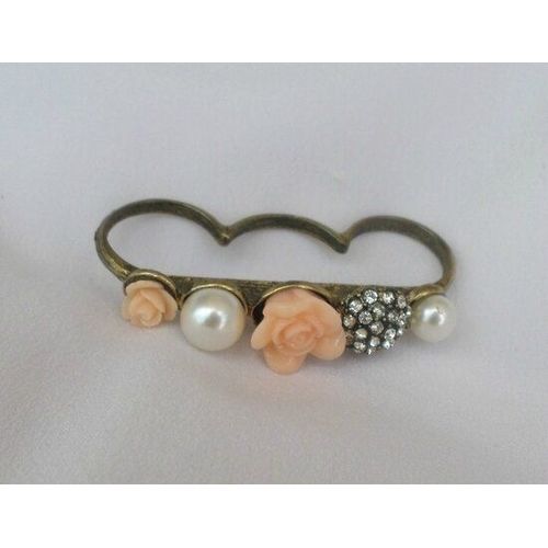 Bague 3 Doigts Fashion Fleurs Rose Saumon_Perles Nacrées_Strass Métal Couleur Bronze
