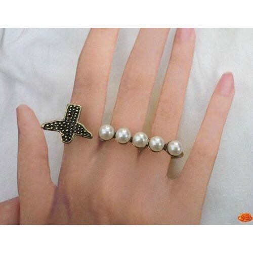 Bague 3 Doigts Fashion Messia Perles Nacrées Oiseau Métal Couleur Bronze